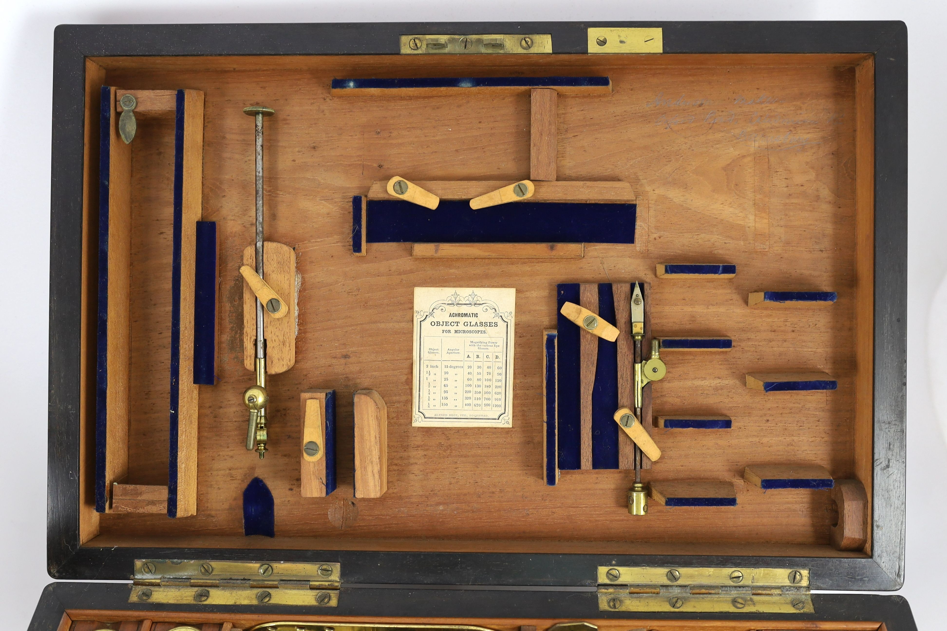 A good Victorian lacquered brass monocular microscope, originally owned by civil engineer Charles Neate (1821-1911), microscope height 59cm